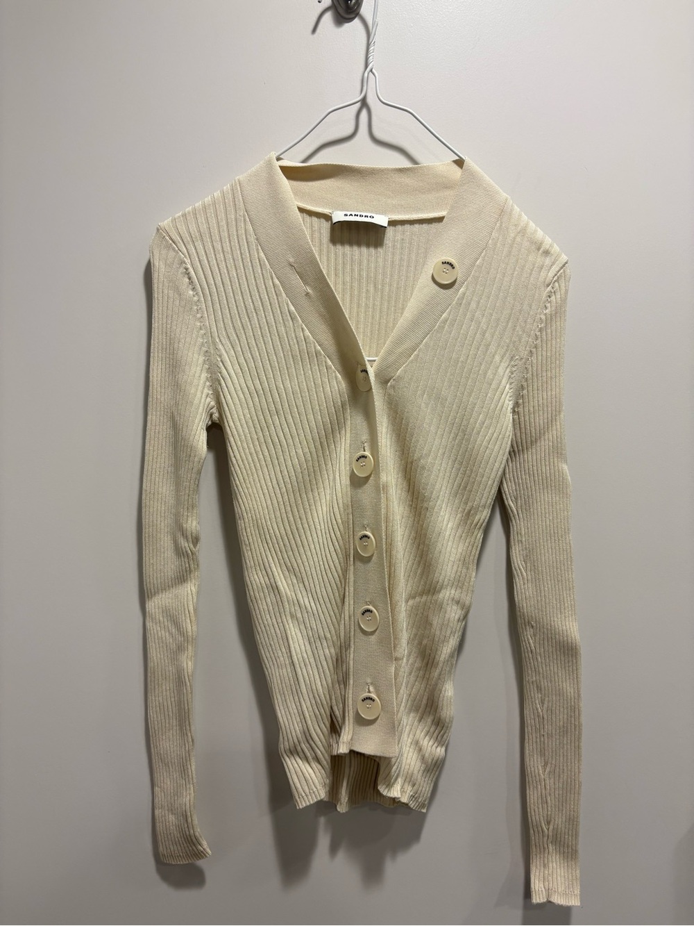 Sandro Cream Ribbed V-Neck Button-Up Cardigan - Picture 3 of 3
